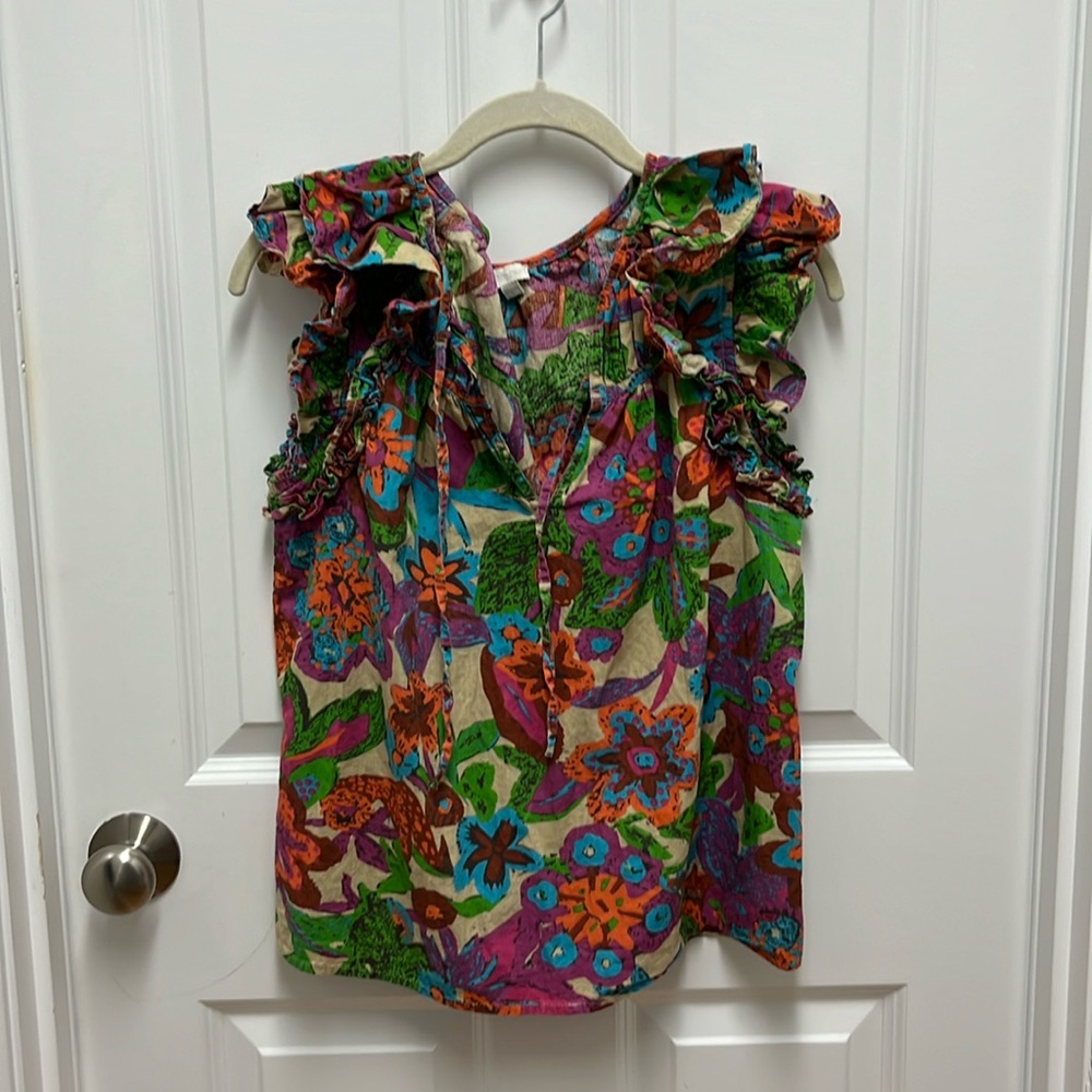 Jennifer & Grace Ladies Colorful Floral Ruffle Cap Sleeve Top -‎ Size small